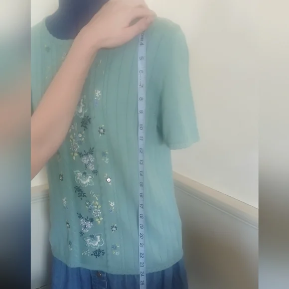 Embroidered Sea Green Short Sleeve Cotton Blend Sweater - Picture 6 of 13